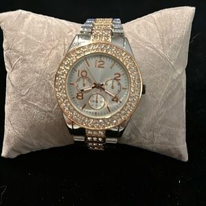 Ladies Accutime CHRONOGRAPH Watch - Silver/ Rose Gold New Battery 6.5 inches